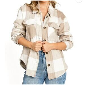 Love Tree Womens Oversized Tan and Cream Plaid Shirt Coat Shacket Size Medium